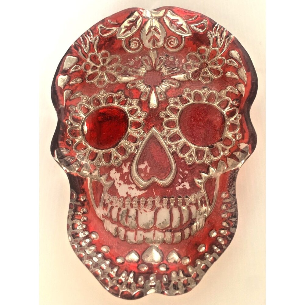 Akcam Sugar Skull Turkish Glass Plate Serving Dish Red/Silver 8"x6" Goth Deco